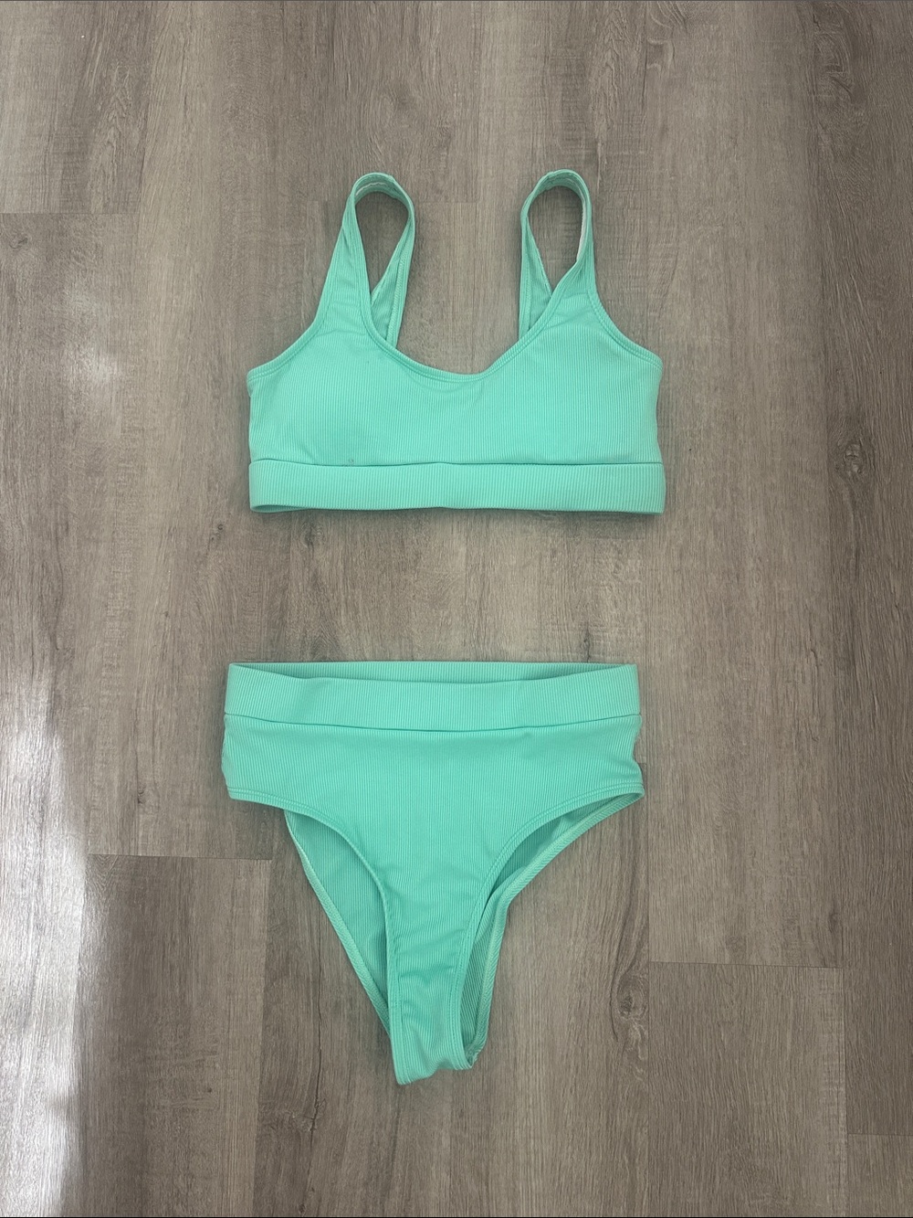 Ribbed Women’s Mint Green Bikini Set - Scoop Bralette Top & High Waist Bottom